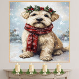 Wheaten Terrier Christmas Dog Wall Art with Red Scarf and Holly Wreath for Winter Snow Festive Puppy Holiday Artwork on Flat Rolled, Framed or Wrapped Canvas