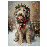 Wolfhound Christmas Dog Wall Art with Red Scarf and Holly Wreath for Winter Snow Festive Puppy Holiday Artwork on Flat Rolled, Framed or Wrapped Canvas