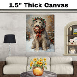 Wolfhound Christmas Dog Wall Art with Red Scarf and Holly Wreath for Winter Snow Festive Puppy Holiday Artwork on Flat Rolled, Framed or Wrapped Canvas