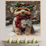 Yorkipoo Christmas Dog Wall Art with Red Scarf and Holly Wreath for Winter Snow Festive Puppy Holiday Artwork on Flat Rolled, Framed or Wrapped Canvas