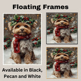 Yorkipoo Christmas Dog Wall Art with Red Scarf and Holly Wreath for Winter Snow Festive Puppy Holiday Artwork on Flat Rolled, Framed or Wrapped Canvas