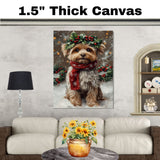 Yorkipoo Christmas Dog Wall Art with Red Scarf and Holly Wreath for Winter Snow Festive Puppy Holiday Artwork on Flat Rolled, Framed or Wrapped Canvas
