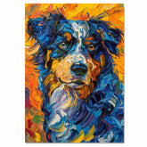 Blue Merle Australian Shepherd Dog Painting in Van Gogh Style with Bold Brush Strokes and Fiery Background Accents on Ready to Hang 1.5" Thick Canvas Wrap, Floating Framed Canvas, Flat Rolled Canvas