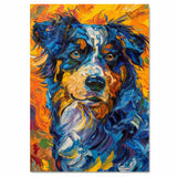 Blue Merle Australian Shepherd Dog Painting in Van Gogh Style with Bold Brush Strokes and Fiery Background Accents on Ready to Hang 1.5" Thick Canvas Wrap, Floating Framed Canvas, Flat Rolled Canvas