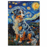 Blue Merle Australian Shepherd Dog Portrait in Starry Night Style with Swirling Sky and Rich Impressionist Brush Texture on Ready to Hang 1.5" Thick Canvas Wrap, Floating Framed Canvas, Flat Rolled Canvas