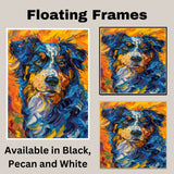 Blue Merle Australian Shepherd Dog Painting in Van Gogh Style with Bold Brush Strokes and Fiery Background Accents on Ready to Hang 1.5" Thick Canvas Wrap, Floating Framed Canvas, Flat Rolled Canvas