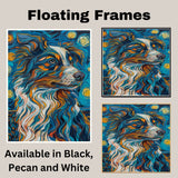 Blue Merle Australian Shepherd Artwork in Van Gogh Style Featuring Flowing Brush Strokes and Starry Night Sky Accents on Ready to Hang 1.5" Thick Canvas Wrap, Floating Framed Canvas, Flat Rolled Canvas