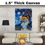 Blue Merle Australian Shepherd Dog Full Body Painting in Van Gogh Starry Night Style with Vivid Swirls and Bold Color Brushwork on Ready to Hang 1.5" Thick Canvas Wrap, Floating Framed Canvas, Flat Rolled Canvas
