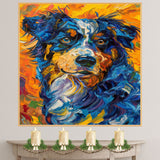 Blue Merle Australian Shepherd Dog Painting in Van Gogh Style with Bold Brush Strokes and Fiery Background Accents on Ready to Hang 1.5" Thick Canvas Wrap, Floating Framed Canvas, Flat Rolled Canvas