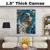 Blue Merle Australian Shepherd Artwork in Van Gogh Style Featuring Flowing Brush Strokes and Starry Night Sky Accents on Ready to Hang 1.5" Thick Canvas Wrap, Floating Framed Canvas, Flat Rolled Canvas