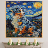 Blue Merle Australian Shepherd Dog Portrait in Starry Night Style with Swirling Sky and Rich Impressionist Brush Texture on Ready to Hang 1.5" Thick Canvas Wrap, Floating Framed Canvas, Flat Rolled Canvas