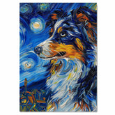 Blue Merle Australian Shepherd Dog Full Body Painting in Van Gogh Starry Night Style with Vivid Swirls and Bold Color Brushwork on Ready to Hang 1.5" Thick Canvas Wrap, Floating Framed Canvas, Flat Rolled Canvas