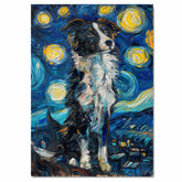 Border Collie Dog Painting in Starry Night Style with Swirling Sky and Expressive Impressionist Brushstrokes in Deep Blues and Yellows on Ready to Hang 1.5" Thick Canvas Wrap, Floating Framed Canvas, Flat Rolled Canvas