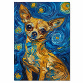 Black and Tan Chihuahua Dog Portrait in Starry Night Style with Vibrant Swirling Sky and Van Gogh-Inspired Bold Artistic Background on Ready to Hang 1.5" Thick Canvas Wrap, Floating Framed Canvas, Flat Rolled Canvas