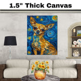 Black and Tan Chihuahua Dog Portrait in Starry Night Style with Vibrant Swirling Sky and Van Gogh-Inspired Bold Artistic Background on Ready to Hang 1.5" Thick Canvas Wrap, Floating Framed Canvas, Flat Rolled Canvas