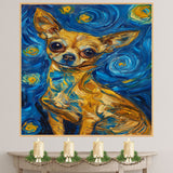 Black and Tan Chihuahua Dog Portrait in Starry Night Style with Vibrant Swirling Sky and Van Gogh-Inspired Bold Artistic Background on Ready to Hang 1.5" Thick Canvas Wrap, Floating Framed Canvas, Flat Rolled Canvas