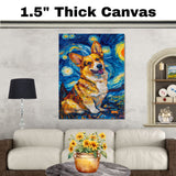 Corgi Dog Portrait in Starry Night Style with Swirling Sky and Vibrant Brush Strokes Inspired by Van Gogh on Ready to Hang 1.5" Thick Canvas Wrap, Floating Framed Canvas, Flat Rolled Canvas