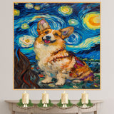 Corgi Dog Painting in Starry Night Style with Joyful Expression and Swirling Brush Strokes Inspired by Van Gogh on Ready to Hang 1.5" Thick Canvas Wrap, Floating Framed Canvas, Flat Rolled Canvas