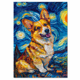 Corgi Dog Portrait in Starry Night Style with Swirling Sky and Vibrant Brush Strokes Inspired by Van Gogh on Ready to Hang 1.5" Thick Canvas Wrap, Floating Framed Canvas, Flat Rolled Canvas