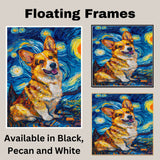 Corgi Dog Portrait in Starry Night Style with Swirling Sky and Vibrant Brush Strokes Inspired by Van Gogh on Ready to Hang 1.5" Thick Canvas Wrap, Floating Framed Canvas, Flat Rolled Canvas