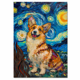 Corgi Dog Painting in Starry Night Style with Joyful Expression and Swirling Brush Strokes Inspired by Van Gogh on Ready to Hang 1.5" Thick Canvas Wrap, Floating Framed Canvas, Flat Rolled Canvas