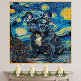 Blue French Bulldog Portrait in Starry Night Style with Swirling Sky and Textured Brush Strokes Inspired by Van Gogh on Ready to Hang 1.5" Thick Canvas Wrap, Floating Framed Canvas, Flat Rolled Canvas