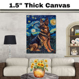 Full Body German Shepherd Dog Portrait in Starry Night Style with Swirling Sky and Bold Van Gogh Inspired Impressionist Brushwork on Ready to Hang 1.5" Thick Canvas Wrap, Floating Framed Canvas, Flat Rolled Canvas