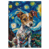 Jack Russell Terrier Dog Portrait in Starry Night Style with Swirling Sky and Expressive Van Gogh Inspired Impressionist Brush Strokes on Ready to Hang 1.5" Thick Canvas Wrap, Floating Framed Canvas, Flat Rolled Canvas