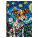 Jack Russell Terrier Dog Portrait in Starry Night Style with Swirling Sky and Expressive Van Gogh Inspired Impressionist Brush Strokes on Ready to Hang 1.5" Thick Canvas Wrap, Floating Framed Canvas, Flat Rolled Canvas