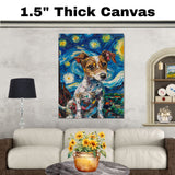 Jack Russell Terrier Dog Portrait in Starry Night Style with Swirling Sky and Expressive Van Gogh Inspired Impressionist Brush Strokes on Ready to Hang 1.5" Thick Canvas Wrap, Floating Framed Canvas, Flat Rolled Canvas