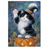 Black and White Cat Autumn Wall Art Pumpkin Patch Wall Print Tuxedo Kitten with Pumpkin Spider Web Canvas on Ready to Hang 1.5" Thick Canvas Wrap, Floating Framed Canvas, Flat Rolled Canvas