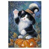 Black and White Cat Autumn Wall Art Pumpkin Patch Wall Print Tuxedo Kitten with Pumpkin Spider Web Canvas  on Ready to Hang 1.5" Thick Canvas Wrap, Floating Framed Canvas, Flat Rolled Canvas