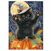 Vintage Halloween Canvas Wall Art Black Cat Witch Hat Kitten Print Spooky Fall Decoration for Bathroom on Ready to Hang 1.5" Thick Canvas Wrap, Floating Framed Canvas, Flat Rolled Canvas