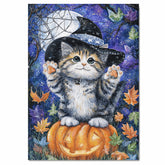 Autumn Canvas Wall Art for Cat Lovers Farmhouse Decor for Halloween Siberian Kitten on Pumpkin Witch Hat Wall Decoration on Ready to Hang 1.5" Thick Canvas Wrap, Floating Framed Canvas, Flat Rolled Canvas