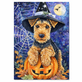 Airedale Terrier Dog Canvas for Pet Mom's Halloween Gifts for Home Décor for Autumn Dog with Witch Hat on Ready to Hang 1.5" Thick Canvas Wrap, Floating Framed Canvas, Flat Rolled Canvas