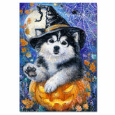 Alaskan Malamute Puppy Canvas Art Dog with Pumpkin Cobweb Canvas Print for Halloween Decorations for Home Porch on Ready to Hang 1.5" Thick Canvas Wrap, Floating Framed Canvas, Flat Rolled Canvas