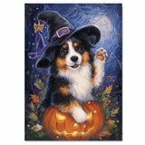 Australian Shepherd Dog Spider Web Canvas Witch Hat Pumpkin Wall Art for Women's Pet Decorative Bedroom on Ready to Hang 1.5" Thick Canvas Wrap, Floating Framed Canvas, Flat Rolled Canvas