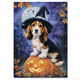 Basset Hound Puppy Halloween Canvas Dog Autumn Forest Bathroom Wall Art Painting for Living Room Decoration on Ready to Hang 1.5" Thick Canvas Wrap, Floating Framed Canvas, Flat Rolled Canvas
