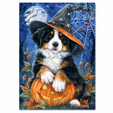 Bernese Mountain Dog Halloween Canvas Cute Witch Puppy with Pumpkin Wall Art for Dog Lovers Bedroom on Ready to Hang 1.5" Thick Canvas Wrap, Floating Framed Canvas, Flat Rolled Canvas