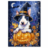 Bull Terrier Fall Harvest Dog Pumpkin Canvas Spooky Wall Art with Spider Web Pet Friendly Thanksgiving Décor on Ready to Hang 1.5" Thick Canvas Wrap, Floating Framed Canvas, Flat Rolled Canvas