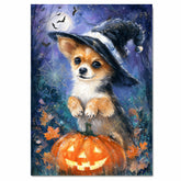 Chihuahua Puppy Halloween Spider Decorations Canvas Wall Art Cute Dog with Pumpkin Witch Hat for Home Décor on Ready to Hang 1.5" Thick Canvas Wrap, Floating Framed Canvas, Flat Rolled Canvas