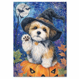 Shih Tzu Dog Spooky Bat Painting Framed Artwork for Halloween Witch Room Wall Décor for Farmhouse on Ready to Hang 1.5" Thick Canvas Wrap, Floating Framed Canvas, Flat Rolled Canvas