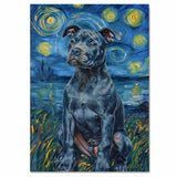 Pitbull Dog Portrait in Starry Night Style with Swirling Sky Reflections and Bold Van Gogh Inspired Brush Strokes on Ready to Hang 1.5" Thick Canvas Wrap, Floating Framed Canvas, Flat Rolled Canvas