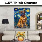 Boxer Dog Portrait in Starry Night Style with Swirling Sky and Expressive Brush Strokes Inspired by Van Gogh’s Impressionist Technique on Ready to Hang 1.5" Thick Canvas Wrap, Floating Framed Canvas, Flat Rolled Canvas