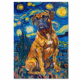 Boxer Dog Portrait in Starry Night Style with Swirling Sky and Expressive Brush Strokes Inspired by Van Gogh’s Impressionist Technique on Ready to Hang 1.5" Thick Canvas Wrap, Floating Framed Canvas, Flat Rolled Canvas