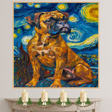 Boxer Dog Full Body Portrait in Starry Night Style with Swirling Sky and Bold Brush Strokes Inspired by Van Gogh’s Art on Ready to Hang 1.5" Thick Canvas Wrap, Floating Framed Canvas, Flat Rolled Canvas