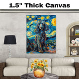 Elegant Blue Poodle Dog in Starry Night Style with Curly Coat and Swirling Sky in a Van Gogh Inspired Impressionist Pet Portrait on Ready to Hang 1.5" Thick Canvas Wrap, Floating Framed Canvas, Flat Rolled Canvas