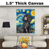 Curly Black Poodle Dog Portrait in Starry Night Style with Swirling Sky and Thick Van Gogh Inspired Textured Brush Strokes on Ready to Hang 1.5" Thick Canvas Wrap, Floating Framed Canvas, Flat Rolled Canvas