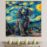 Elegant Blue Poodle Dog in Starry Night Style with Curly Coat and Swirling Sky in a Van Gogh Inspired Impressionist Pet Portrait on Ready to Hang 1.5" Thick Canvas Wrap, Floating Framed Canvas, Flat Rolled Canvas