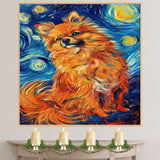 Fiery Orange Pomeranian Dog in Starry Night Style with Swirling Sky and Whimsical Fur in a Van Gogh Inspired Pet Portrait on Ready to Hang 1.5" Thick Canvas Wrap, Floating Framed Canvas, Flat Rolled Canvas